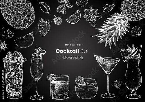 Alcoholic cocktails hand drawn vector illustration. Cocktails sketch set. Engraved style.