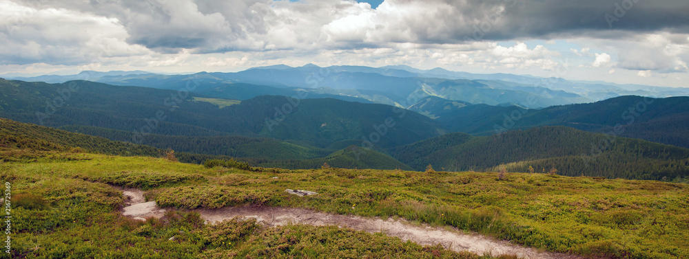 Amazing mountain landscape in vivid sunny day, natural outdoor travel background. Dramatic and picturesque scene of Carpathian mountains in Ukraine.