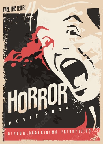 Horror movie show retro cinema poster design with scared man screaming and lots of blood on dark background. 