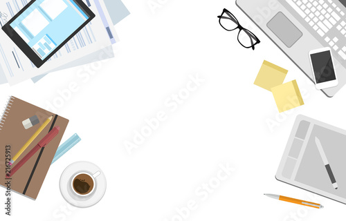 Vector flat business workplace supplies on white background with space for your text - top view
