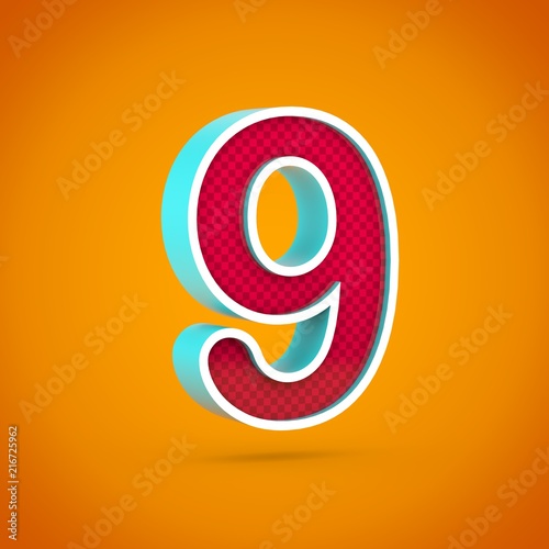 Red number 9 with carbon fiber texture isolated on hot orange background.