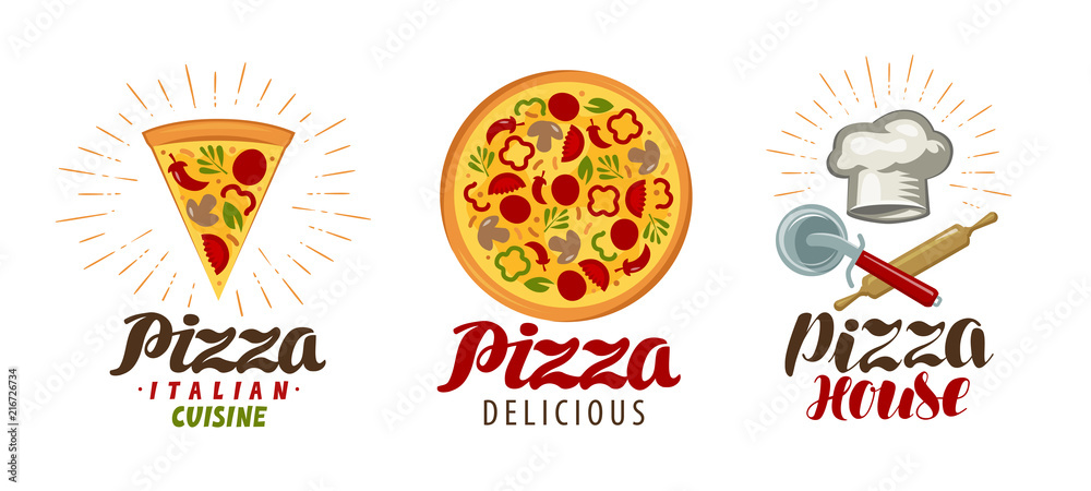 Pizza, pizzeria logo or icon. Labels for menu design restaurant or cafe. Vector illustration