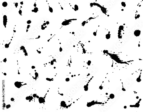 ink blot collection, big set of isolated spots, black drops on white background.