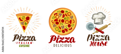 Pizza, pizzeria logo or icon. Labels for menu design restaurant or cafe. Vector illustration
