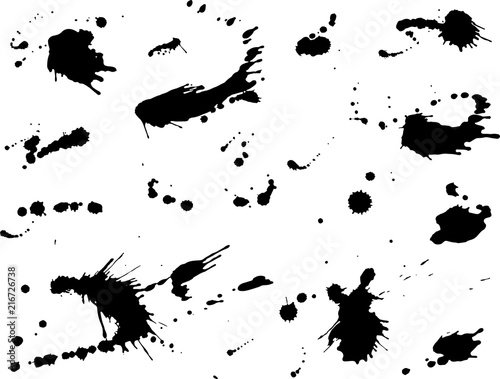 ink blot collection, big set of isolated spots, black drops on white background. Big splashes
