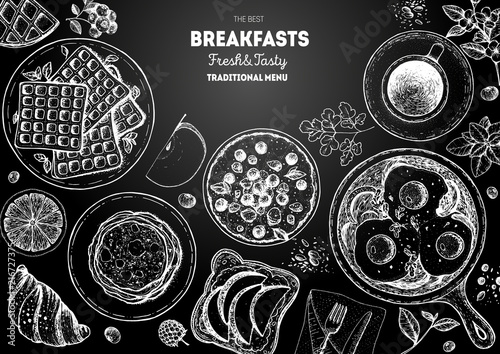 Breakfast top view frame. Morning food menu design. Breakfast dishes collection. Vintage hand drawn sketch, vector illustration. Engraved style.