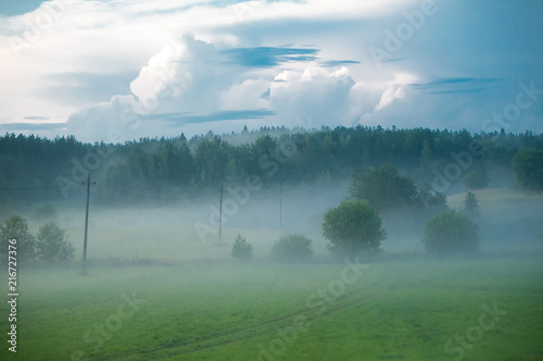 rural evening landscape with  clody sky  field and trees covered with fog after the rain