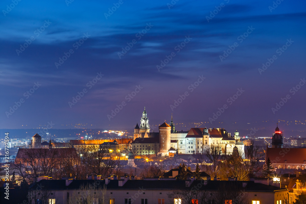 Scenic nightscape of Krakow with Wawel Castle, Poland
