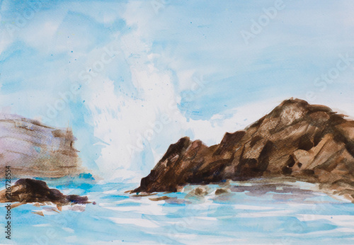 Crashing waves over a rocky outcrop - traditional acrylic painting