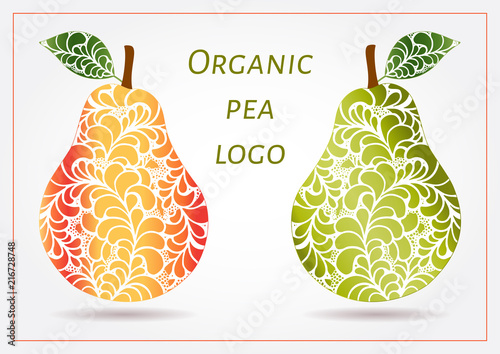 Hand drawn decorative ornamental pears made of swirl doodle. Vector abstract illustration of fruit logo. Green and red juice organic pear with leaves.