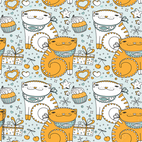 Greeting background template. Vector seamless cute cats, gifts, bakery sweetsand cookies pattern. Flat cartoon icons and symbols set.
