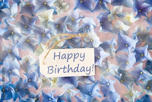 Photography Sunny Hydrangea Flat Lay, Text Happy Birthday