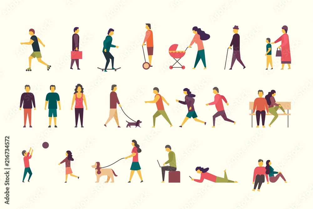 Flat illustration of people groups outdoor in the park on weekend