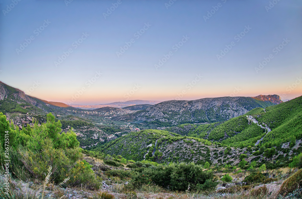 The Scenery Of beauty hill sunset Athens city view from Hassia village Greece