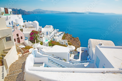 SANTORINI, GREECE - OCTOBER 5, 2015: The look from Oia to east with the Imerovigli and Scaros in the background. photo