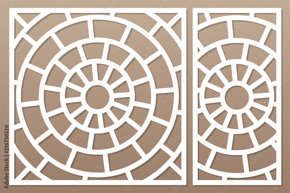 Decorative card set for cutting laser or plotter. Linear circular pattern panel. Laser cut. Ratio 1:2; 1:1. Vector illustration. - obrazy, fototapety, plakaty 