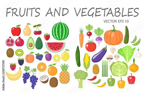 Colorful fruits and vegetables clipart set. Fruit and vegetable colored cartoon vector collection.