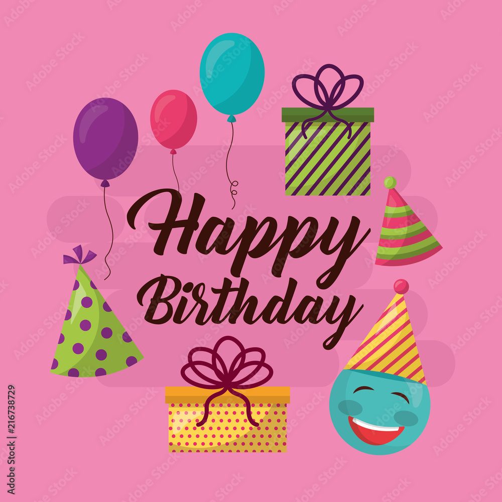 happy birthday celebration party hats balloon gift box vector illustration happy birthday celebration party hats balloon gift box vector illustration