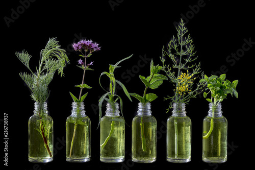 Different healing flowers in small glass bottles of essential oilon black background photo