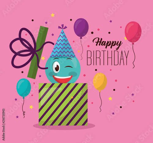 happy birthday gift box emoji stinging the eye balloons serpentine colors vector illustration
