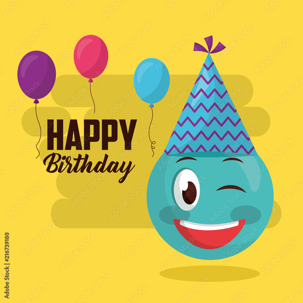 Fototapeta premium happy birthday emoji stinging the eye party hat balloons sign vector illustration