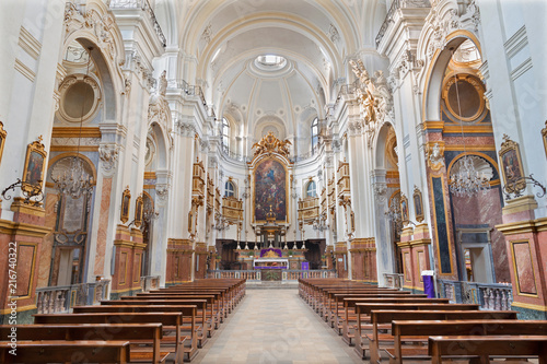 TURIN  ITALY - MARCH 16  2017  The nave of baroque church Chiesa della Madonna del Carmine.