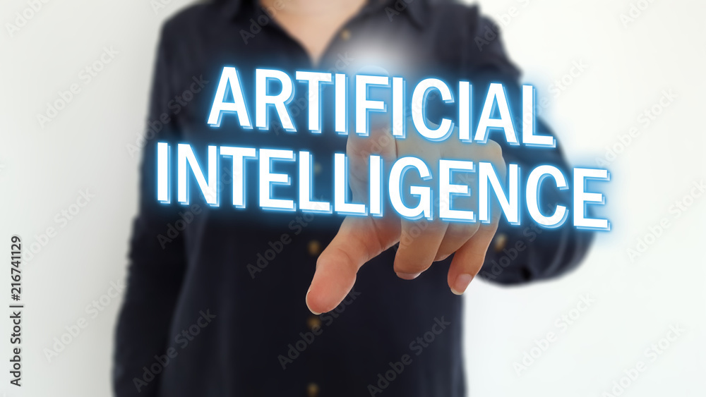 Businesswoman pointing finger on artificial intelligence digital text Businesswoman pointing finger on artificial intelligence digital text