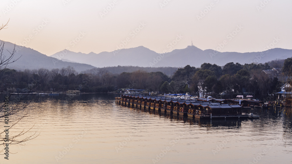 Boats at the Dock at Dusk near the West Lake in Hangzhou, China