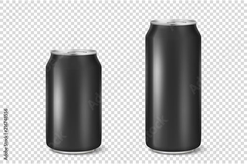 Vector realistic 3d empty glossy metal black aluminium beer pack or can visual 330ml 500ml. Can be used for lager, alcohol, soft drink, soda, fizzy pop, lemonade, cola, energy drink, juice, water etc