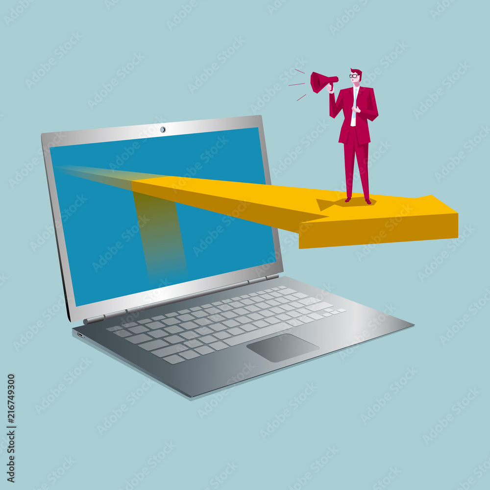 Online sales concept. A businessman is speaking, laptop and arrows. The background is blue. Online sales concept. A businessman is speaking, laptop and arrows. The background is blue.