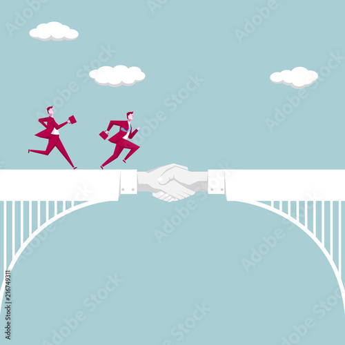 A bridge of cooperation, two businessmen running on the bridge. The background is blue.