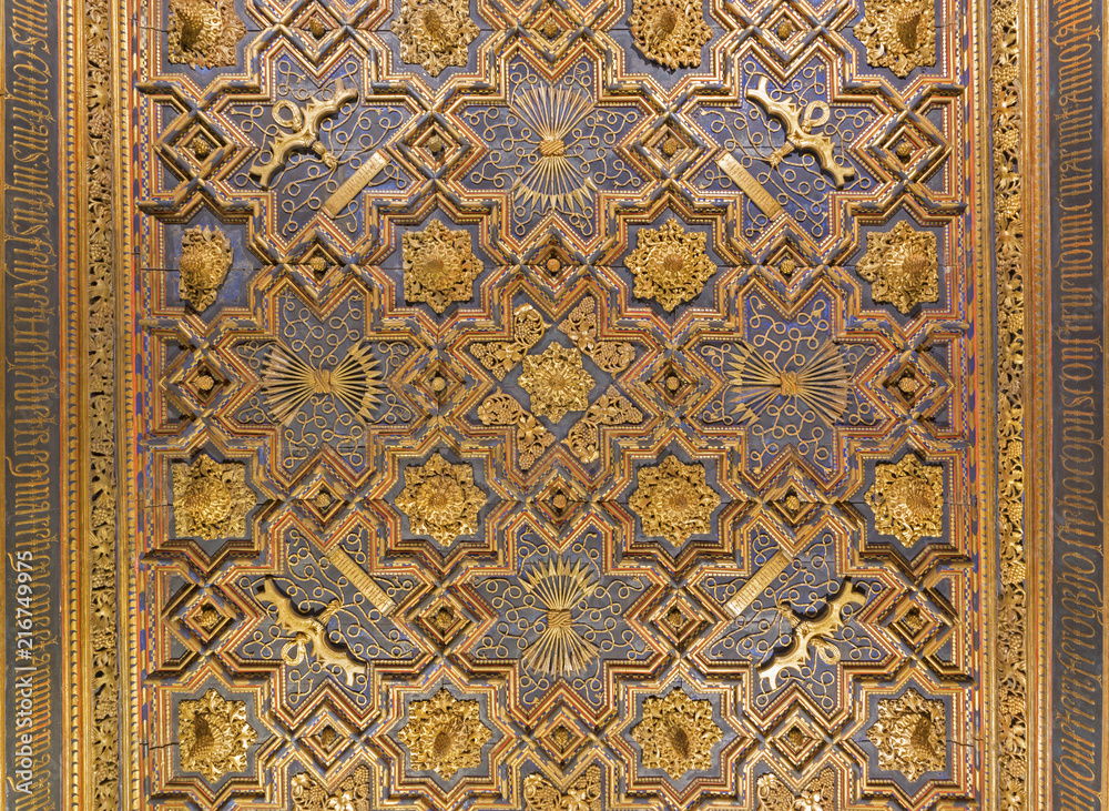 ZARAGOZA, SPAIN - MARCH 2, 2018: The carved ceiling in mudejar La Aljaferia palace.