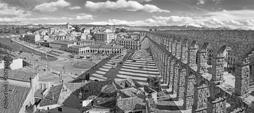 SEGOVIA, SPAIN, APRIL - 13, 2016: Aqueduct of Segovia and Plaza del Artilleria with the town.