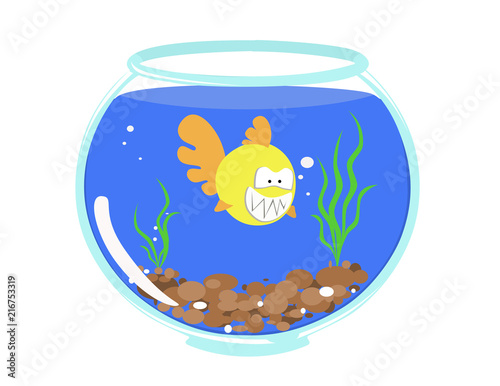 toothy yellow fish in a fishbowl among soil and algae