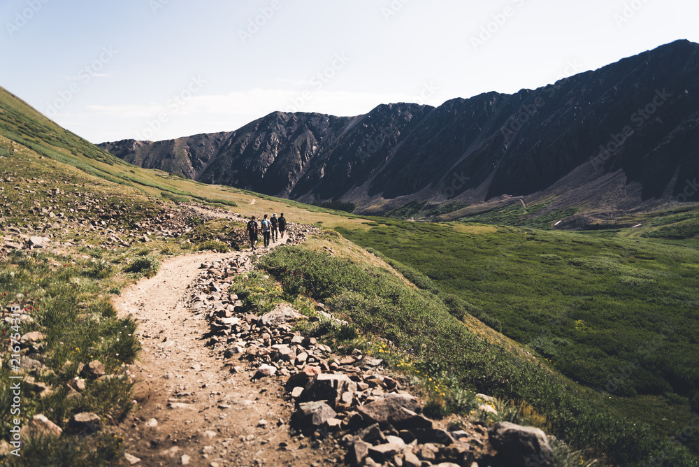 Four people walking on a trail in the mountains of Colorado. 