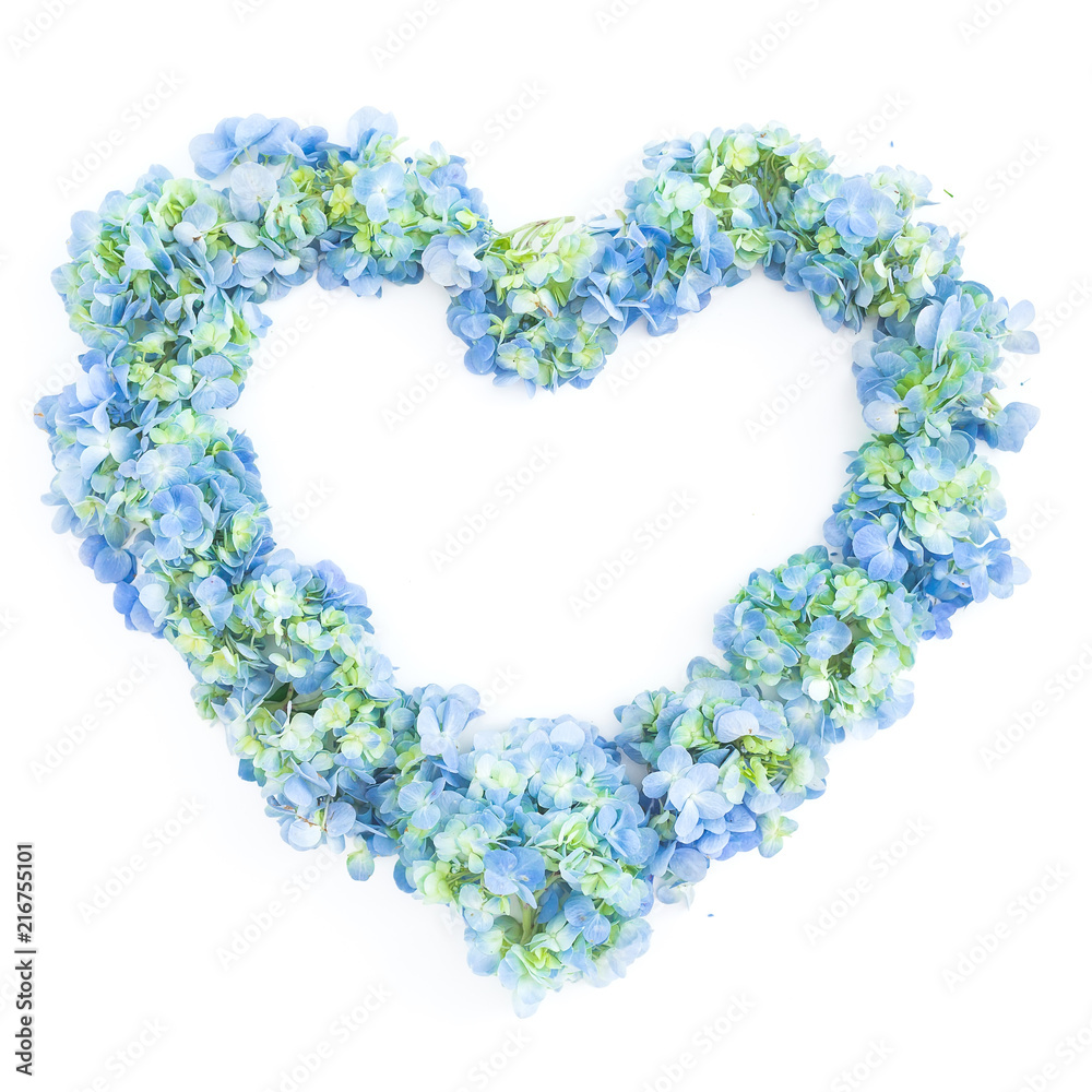 Obraz premium Love symbol of hydrangea flowers on white background. Flat lay, top view. Floral background