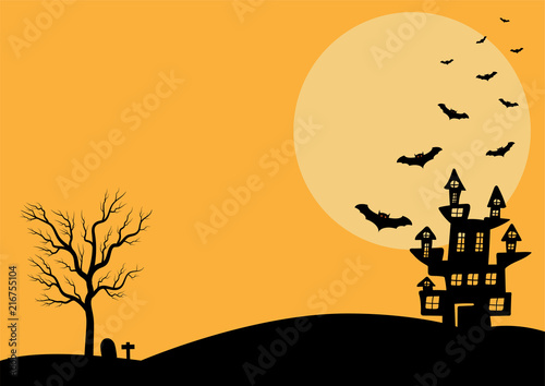 Halloween background vector with dark castle  moon and bat silhouette style of sunset orange light