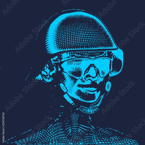 Portrait of a miltary lady. Woman wearing helmet. Vintage engraved illustration