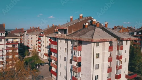 Aerial clip of the city of Bor, Serbia, and some condominiums. photo