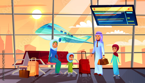 Saudi Arabian people in airport vector illustration of Muslim family with children in traditional clothes, woman in hijab and man in robe with travel bags. Departure terminal with flight schedule