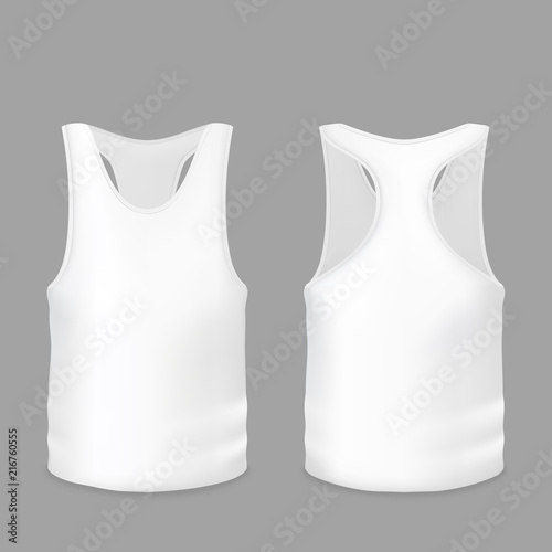 White tank top or T-shirt vector illustration of 3d realistic casual or sportswear model for promo branding. Isolated template of sleeveless man and woman sport vest or gym wear for print design