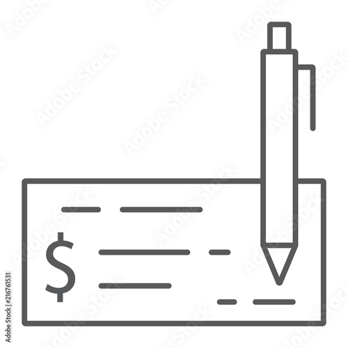 Bank check thin line icon, finance and banking, cheque sign, vector graphics, a linear pattern on a white background, eps 10.