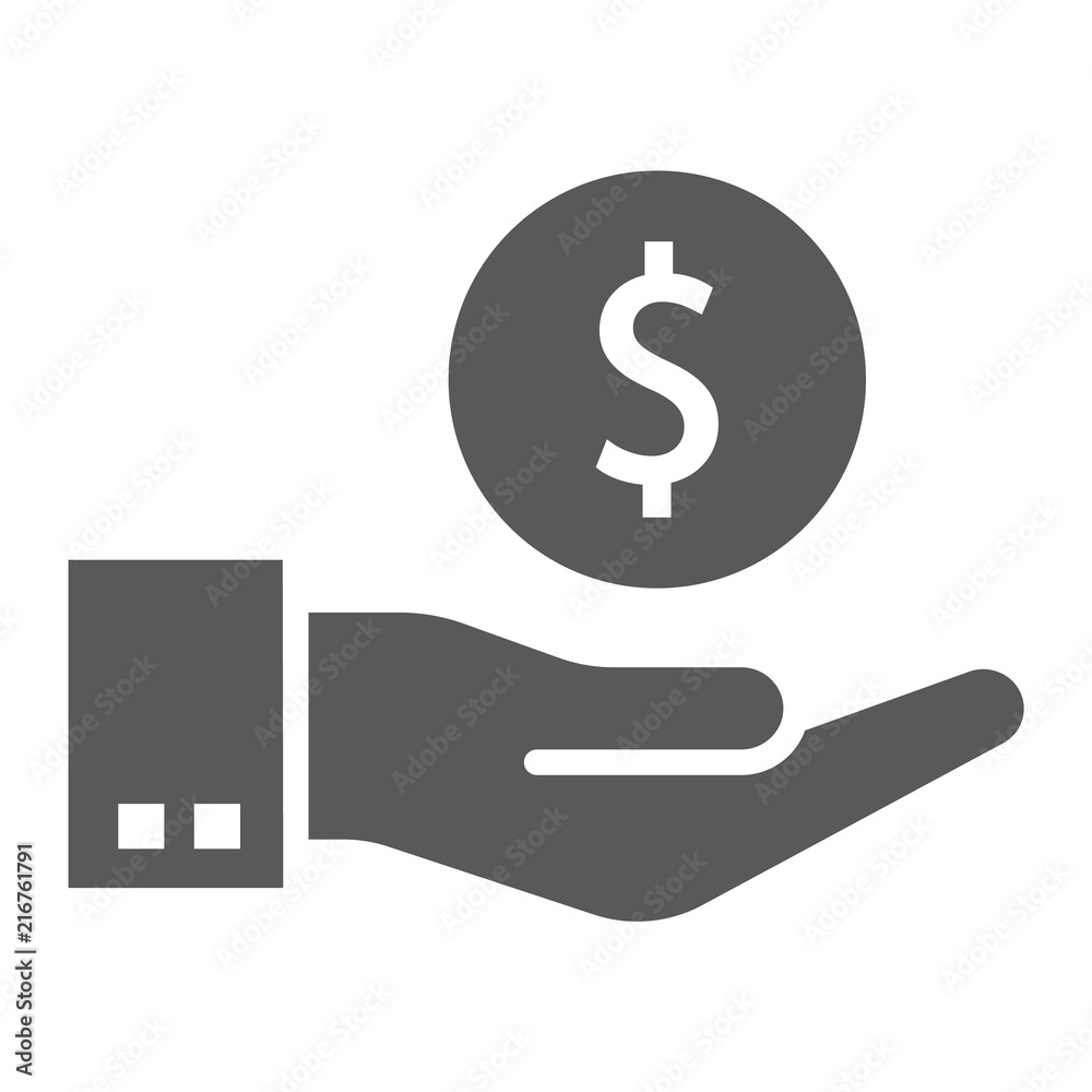 Hand holding coin glyph icon, finance and banking, hand sign, vector graphics, a solid pattern on a white background, eps 10. Hand holding coin glyph icon, finance and banking, hand sign, vector graphics, a solid pattern on a white background, eps 10.