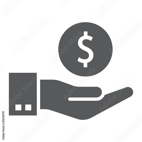 Hand holding coin glyph icon, finance and banking, hand sign, vector graphics, a solid pattern on a white background, eps 10.