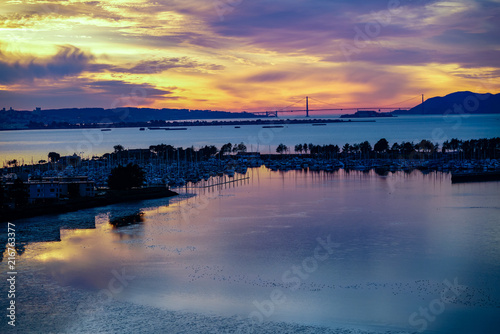 Sunset over the Golden Gate Bridge from Emeryville Marina