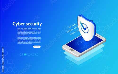 3D Cyber security technology mechanism concept. Abstract isometric personal data protection. Header for website with smartphone and protection shield.