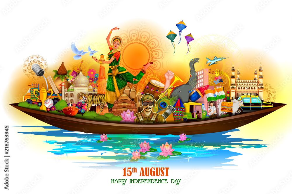 Obraz premium Monument and Landmark of India on Indian Independence Day celebration background