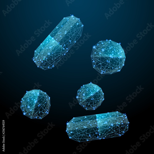 Abstract assorted pharmaceutical medicine pills in the form of a starry sky or space, consisting of points, lines, and shapes in the form of planets, stars and the universe. Health vector wireframe
