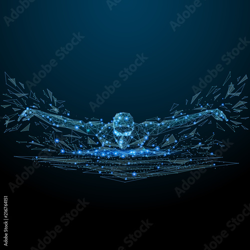 Swimming. Low poly blue. Polygonal abstract health and sport illustration. In the form of a starry sky or space. Vector image in RGB Color mode. Swimmer in a motion. Sportsman in swimming-pool.