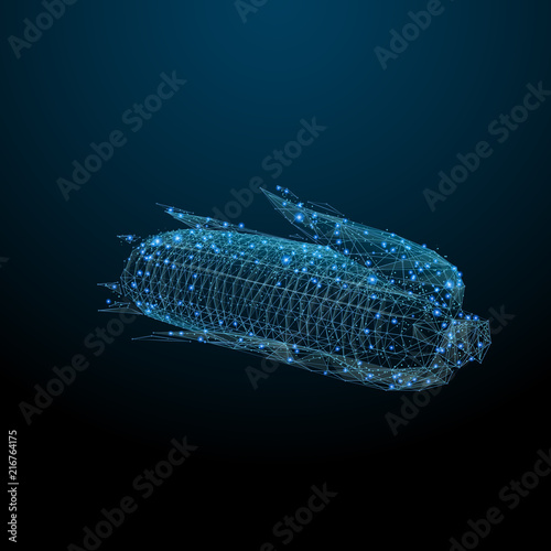 Abstract image of a sweetcorn in the form of a starry sky or space, consisting of points, lines, and shapes in the form of planets, stars and the universe. Vegetables vector wireframe